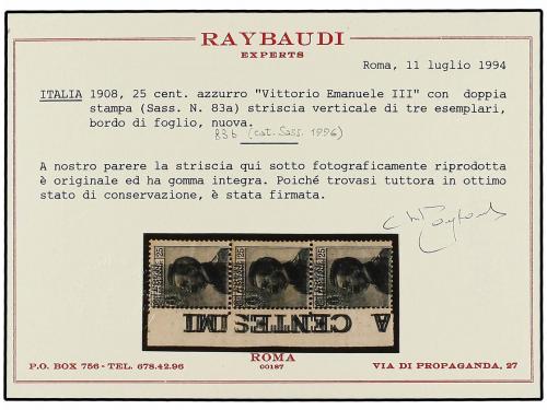 ** ITALIA. 1908. 25 cts. azul. Tira de tres DOBLE IMPRESIÓN