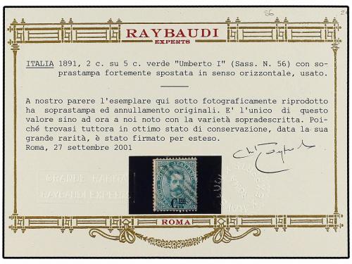 ° ITALIA. 1890-91. 2 cts. s. 5 cts. verde SOBRECARGA SIN EL