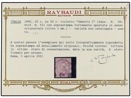° ITALIA. 1890-91. 20 cts. s. 50 cts. violeta SOBRECARGA DES