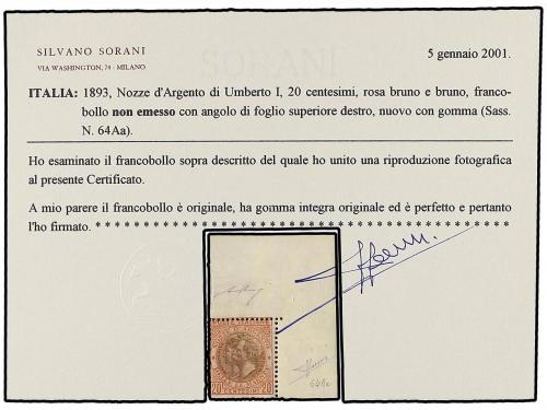 ** ITALIA. 1893. NO EMITIDO. 20 cts. carmín y castaño. Esqui