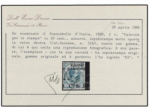 * ITALIA. 1890. 2 cts. s. 20 cts. azul SOBRECARGA DESPLAZADA