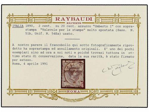 ° ITALIA. 1890. 2 cts. s. 20 cts. azul SOBRECARGA DESPLAZADA