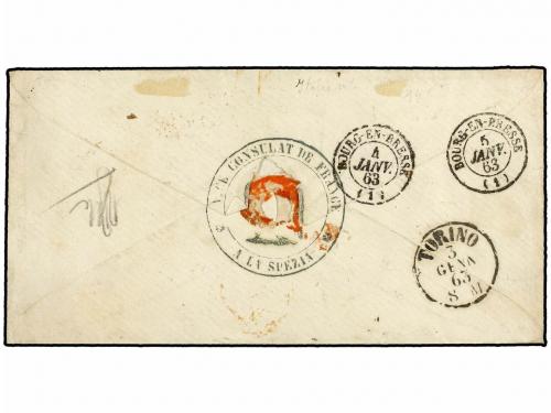 ¿ ITALIA. 1863. SPEZIA a BOURG EN BRESSE (Francia). 15 cts.