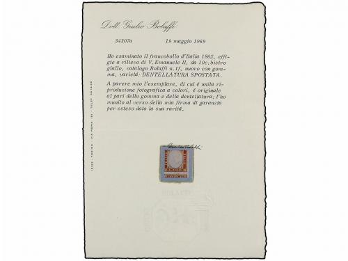 * ITALIA. Sa. 1sb. 1862. 10 cts. bistre amarillo, DENTADO MU