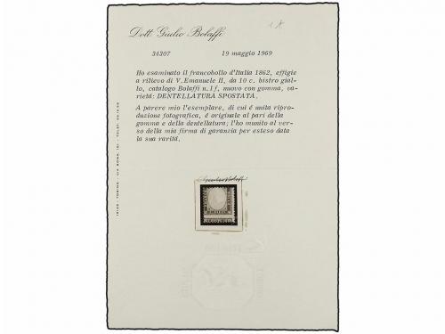 * ITALIA. Sa. 1sb. 1862. 10 cts. bistre amarillo, DENTADO MU