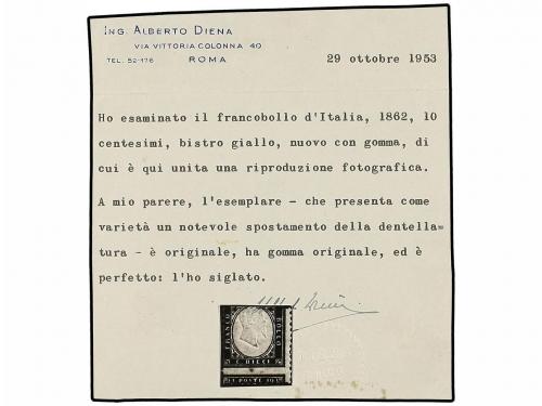 * ITALIA. Sa. 1sb. 1862. 10 cts. bistre amarillo, DENTADO MU