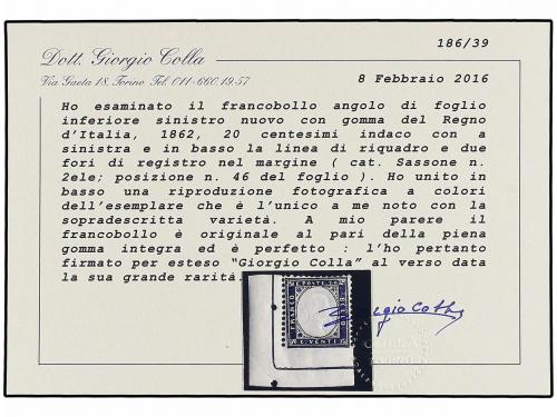 ** ITALIA. 1862. 20 cts. azul. Esquina inferior izquierda de