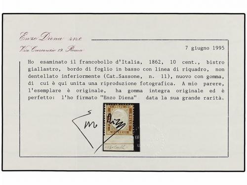 ** ITALIA. Sa. 1I. 1862. 10 cts. bistre amarillo SIN DENTAR 