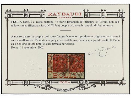° ITALIA. Sa. T15da. 1866. 2 cts. castaño rojo. Pareja SIN D