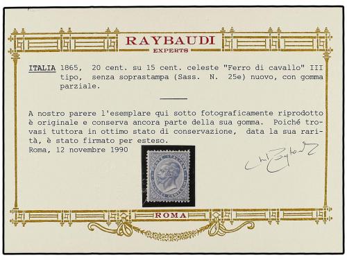 * ITALIA. 1865. 15 cts. azul, sello SIN SOBRECARGA, centraje