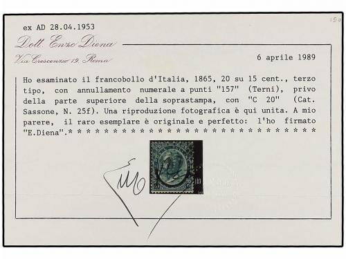 ° ITALIA. Sa. 25f. 1865. 20 cts. s. 15 cts. azul. FALTA LA P