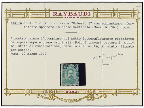 * ITALIA. 1891. 2 cts. s. 5 cts. verde. Habilitación DESPLAZ