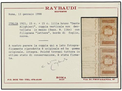 ** ITALIA. 1921. 15 cts. lila castaño. Pareja vertical SIN D