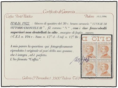 ** ITALIA. 1922. 30 cts. ocre. Bloque de cuatro SIN DENTAR M