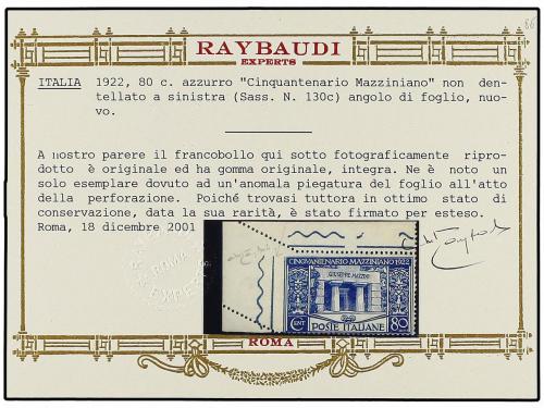 ** ITALIA. 1922. 80 cts. azul SIN DENTAR MARGEN IZQUIERDO. R