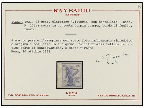 * ITALIA. 1921. 25 cts. azul SIN DENTAR, borde de hoja. Cert