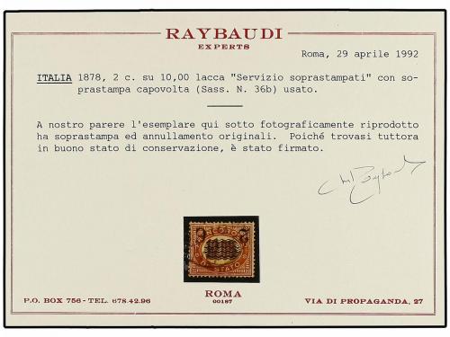 ° ITALIA. 1878. 2 cts. s. 10 liras carmín, SOBRECARGA INVERT