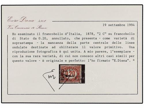 ° ITALIA. 1878. 2 cts. s. 20 cts. carmín, FALTA GRAN PARTE D