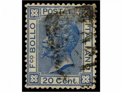 ° ITALIA. 1867. 20 cts. azul. Impresión CALCADA AL DORSO. Mu