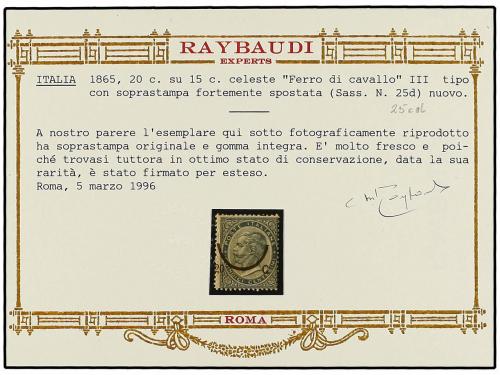** ITALIA. Sa. 25cd. 1865. 20 cts. s. 15 cts. azul, SOBRECAR
