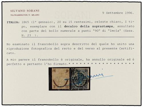 ° ITALIA. 1865. 20 cts. s. 15 cts. azul, SOBRECARGA CALCADA 