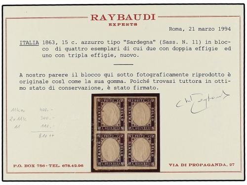**/* ITALIA. 1863. 15 cts. azul. Bloque de cuatro, un sello