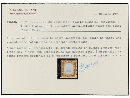 ** ITALIA. 1862. 80 cts. amarillo naranja SIN EFIGIE. MAGNÍF