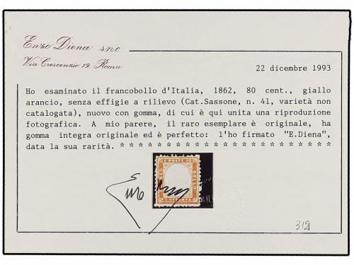 ** ITALIA. 1862. 80 cts. amarillo naranja SIN EFIGIE. MAGNÍF