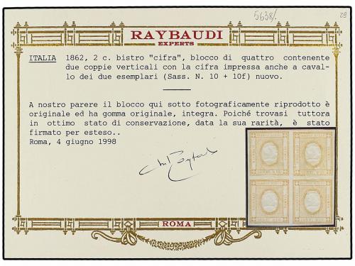 ** ITALIA. 2 cent. ocre. Bloque de cuatro con una tercera CI