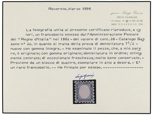 ** ITALIA. 1862. 20 cts. azul PRUEBA DE DENTADO 7 1/2. MAGNÍ