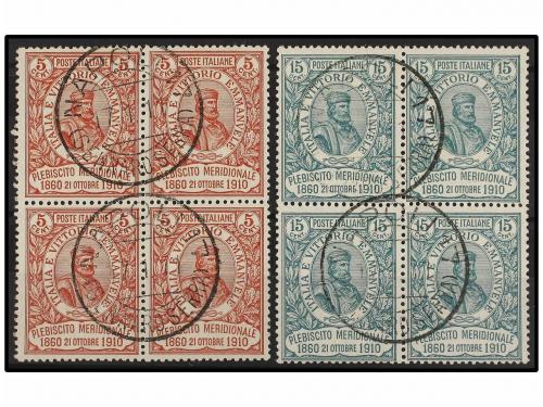 ° ITALIA. 1910. 5 cts. rojo y 15 cent. verde. Bloques de cua