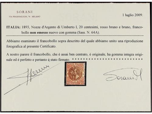 ** ITALIA. Sa. 64A. 1893. NO EMITIDO. 20 cts. carmín y casta
