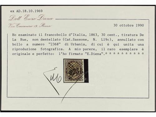 ° ITALIA. Sa. L 19c. 1863. 30 cent. castaño SIN DENTAR, mat.