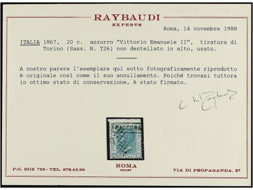 ° ITALIA. Sa. T-26. 20 cts. azul SIN DENTAR MARGEN SUPERIOR.