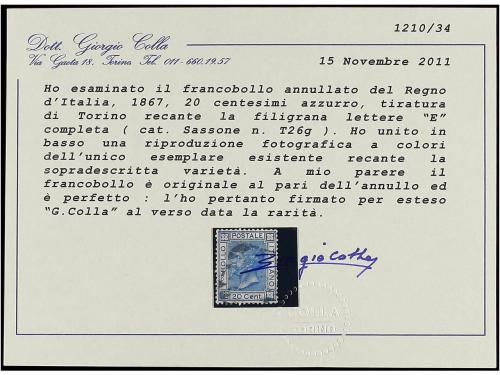 ° ITALIA. Sa. T-26g. 20 cts. azul, FILIGRANA LETRA "E". RARÍ