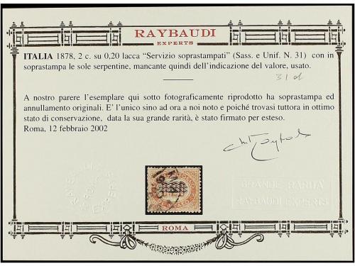° ITALIA. Sa. 31d. 2 cts. s. 0,20 carmín SIN LA SOBRECARGA "