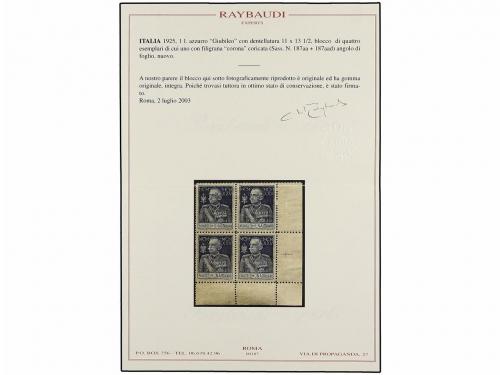 ** ITALIA. 1925-26. 1 lira azul. DENTADO 11 x 13 1/2 en bloq