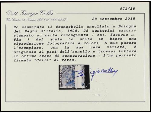 ° ITALIA. Ed. 83. 25 cts. azul. Importante FUELLE DEL PAPEL.