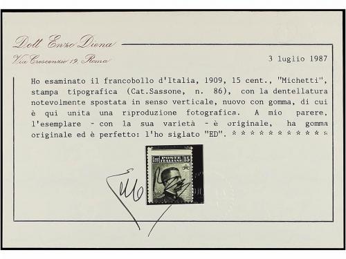 * ITALIA. Sa. 86aa. 15 cts. gris DENTADO DESPLAZADO. Cert. E
