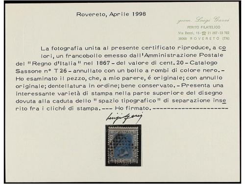 ° ITALIA. Sa. T-26. 20 cts. azul. FALTA PARTE DE LA IMPRESIÓ
