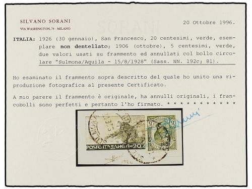 ¿ ITALIA. 1926. 20 cts. verde SIN DENTAR sobre pequeño fragm