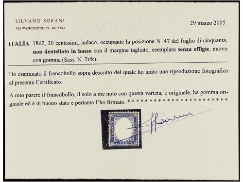 * ITALIA. Sa. 2r. 20 cts. azul SIN EFIGIE EN EL CENTRO, marg