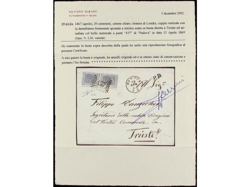 ✉ ITALIA. Sa. L26. 1867. PADOVA a TRIESTE. 20 cts. azul, par