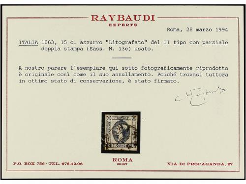 ° ITALIA. Sa. 13e. 15 cts. azul, tipo II. IMPRESIÓN DOBLE pa