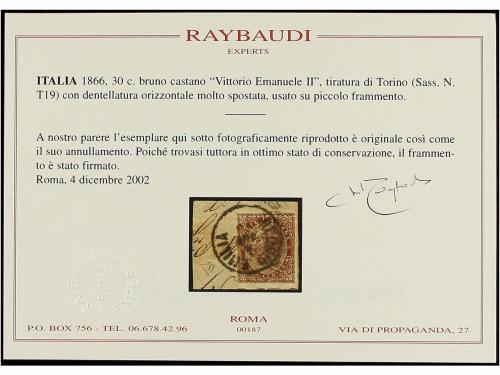 Δ ITALIA. Sa. T-19. 30 cts. castaño sobre pequeño fragmento.