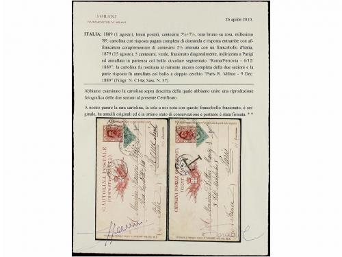 ✉ ITALIA. Sa. 37. 1889. ROMA a PARÍS. Entero Postal doble de