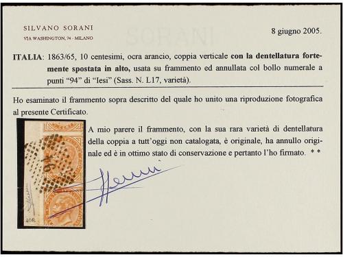 Δ ITALIA. Sa. L17e. 10 cts. ocre. Pareja vertical sobre frag