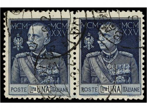 ° ITALIA. Sa. 190d. 1925. 1 lira azul. Pareja horizontal, un