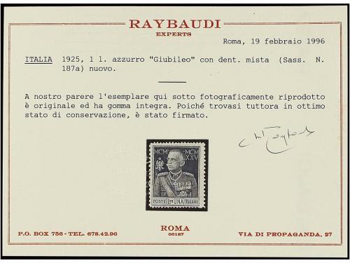 ** ITALIA. Sa. 187aa. 1925. 1 Lira azul, dent. 11 y 13 1/2. 
