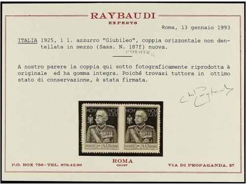 ** ITALIA. Sa. 187k. 1925. 1 lira azul, dent. 13 1/2. Pareja